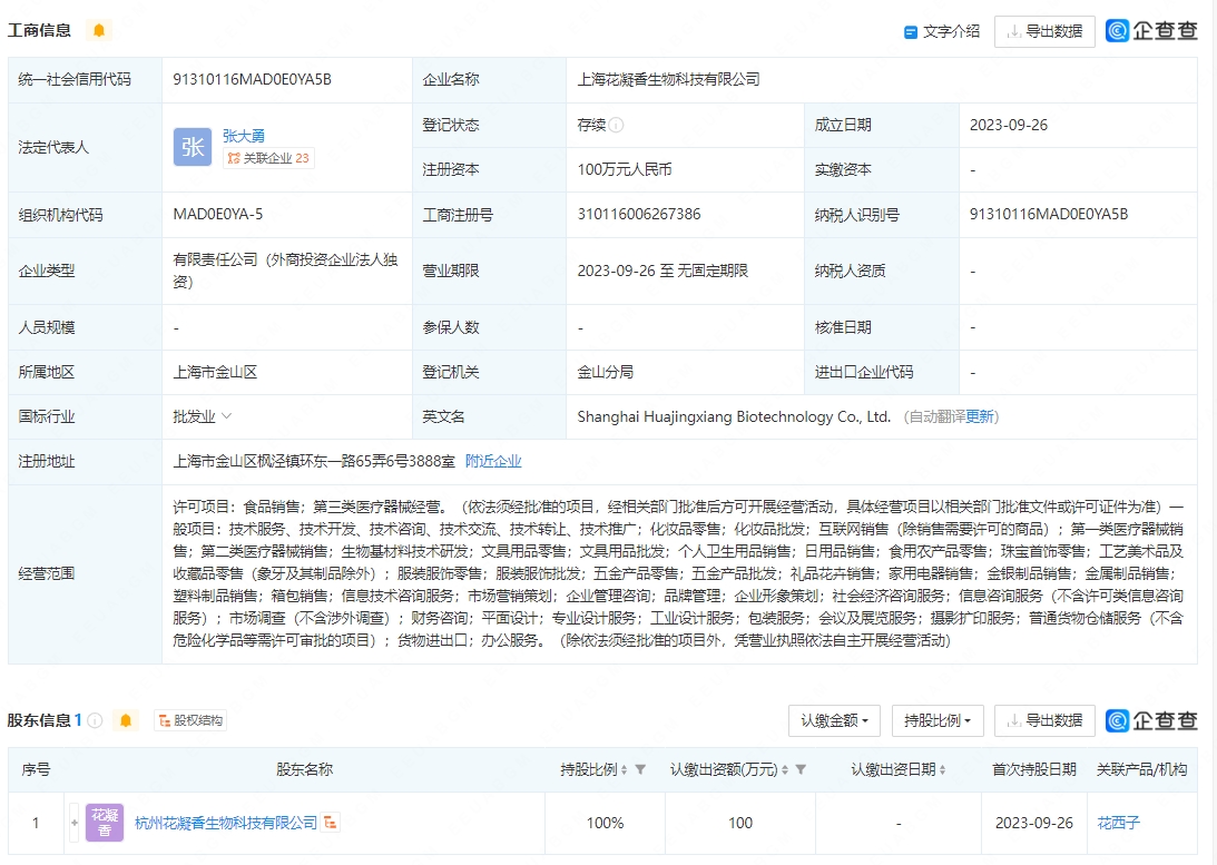 IM电竞花西子在上海成立生物科技公司