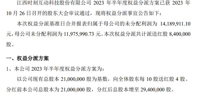 时刻互动2023年半年度权益分派每10股送红股4股 共计派送红股840万元IM电竞