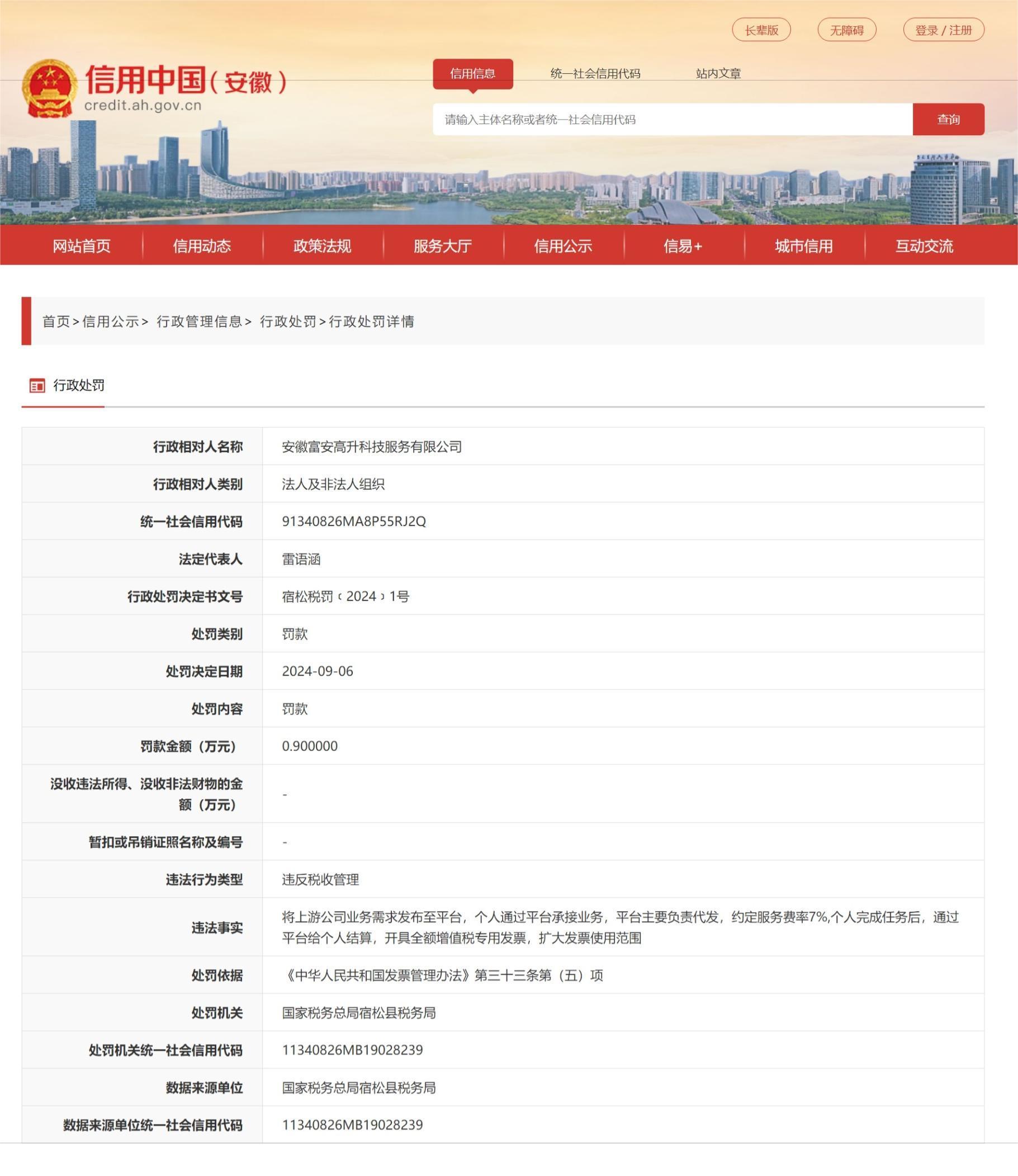 因违反税收管理法 安徽一企业被罚款九千元(图1) 因违反税收管理法 安徽一企业被罚款九千元(图1)